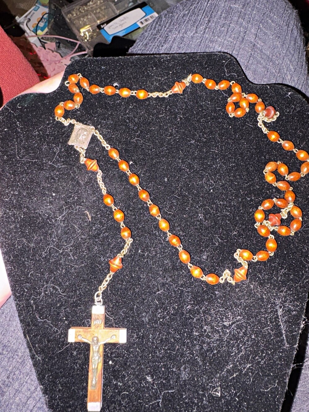 Antique Brown Wood Bead Rosary Necklace with Detailed Crucifix (Copy)